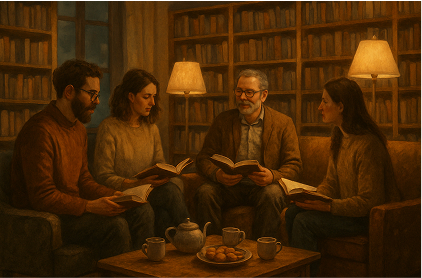 People reading together in a cozy book club setting