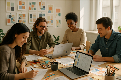 Group of people working on book cover designs