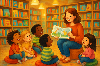 Woman reading to a group of children in a bookstore
